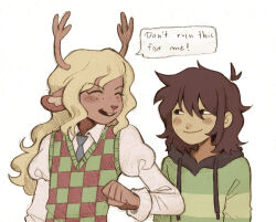 1girl 1other animal_ears antlers blonde_hair blue_necktie brown_hair checkered_sweater_vest closed_eyes collared_shirt commentary deer_antlers deer_ears deer_girl deltarune elbowing english_commentary english_text furry furry_female green_hoodie green_sweater_vest highres hood hoodie horns juliet_sleeves kris_(deltarune) long_hair long_sleeves medium_hair necktie noelle_holiday puffy_sleeves shirt smile striped_clothes striped_hoodie sweater_vest szivarvanyturmix02 white_shirt