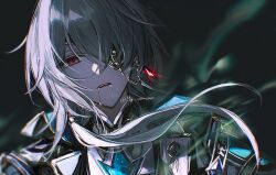 Rule 34 | 1boy, anaxa (honkai: star rail), aqua hair, black jacket, blood, blood from mouth, blue eyes, chain, earrings, eyepatch, gem, hair between eyes, half-closed eyes, honkai: star rail, honkai (series), jacket, jewelry, lapels, looking at viewer, male focus, medium hair, mg omom, notched lapels, one eye covered, open mouth, red gemstone, red pupils, side ponytail, single earring, solo, teeth, upper body, upper teeth only, yellow blood