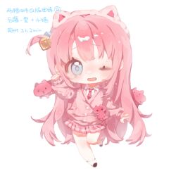 Rule 34 | 1girl, animal bag, animal ear hairband, animal ears, bag, black shoes, blue eyes, blunt bangs, blush, bocchi the rock!, buttons, cat, cat bag, cat ear hairband, cat ears, chibi, chinese commentary, chinese text, collared shirt, commentary request, crying, crying with eyes open, cube hair ornament, dot nose, eyelashes, fake animal ears, fur hairband, gotoh hitori, hair ornament, hairband, hand up, highres, jacket, knees, leg up, liangqi shi, light particles, long hair, long sleeves, miniskirt, necktie, nervous, one eye closed, one side up, open mouth, paw pose, pink bag, pink hair, pink hairband, pink jacket, pink skirt, plaid clothes, plaid skirt, pleated skirt, procreate (medium), puffy long sleeves, puffy sleeves, red necktie, shirt, shoes, shoulder bag, simple background, skirt, sleeves past wrists, socks, solo, straight hair, sweat, sweater jacket, tareme, teardrop, tears, translation request, very long hair, white background, white shirt, white socks