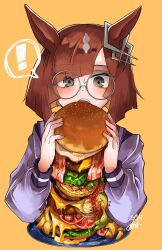 ! 1girl animal_ears brown_hair burger burger_malfunction commentary_request ear_ornament eating food glasses grey_eyes hands_up highres holding holding_burger holding_food horse_ears horse_girl ikuno_dictus_(umamusume) long_sleeves open_mouth purple_sailor_collar purple_shirt round_eyewear sailor_collar school_uniform shirt short_hair solo spoken_exclamation_mark tracen_school_uniform umamusume upper_body yamada_fgm yellow_background