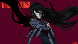1boy absurdres artist_name bandaged_arm bandaged_chest bandaged_neck bandages black_eyes black_hair bleach character_name highres kurosaki_ichigo long_hair looking_at_viewer male_focus mugetsu_form_(bleach) simple_background solo teeth torn_bandages upper_body zunedraws