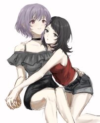 2girls asymmetrical_hair bang_dream! bang_dream!_it&#039;s_mygo!!!!! bare_shoulders black_choker black_skirt blue_eyes choker closed_mouth commentary_request glasskz_impact grey_shirt grey_shorts hand_on_another&#039;s_waist highres holding_hands looking_at_viewer multiple_girls off-shoulder_shirt off_shoulder parted_lips pencil_skirt pink_eyes purple_hair red_tank_top shirt short_hair shorts simple_background sitting skirt smile tank_top white_background yahata_umiri yuri yuutenji_nyamu