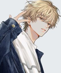 Rule 34 | 1boy, adam&#039;s apple, aqua eyes, blonde hair, blue jacket, denim, denim jacket, ear piercing, en (e898n), eyes visible through hair, hair over eyes, highres, jacket, looking at viewer, male focus, nose, open mouth, original, piercing, shirt, short hair, simple background, solo, teeth, upper body, w, white background, white shirt