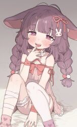 1girl animal_ears babydoll blush braid fallenshadow finger_in_own_mouth flat_chest frilled_thigh_strap hair_ornament hand_on_own_face heart heart_print highres indie_virtual_youtuber knees_up long_hair looking_at_viewer open_mouth paid_reward_available pink_socks possummachine print_socks purple_eyes purple_hair rabbit_ears rabbit_girl rabbit_hair_ornament revision sitting socks solo teeth thigh_strap twin_braids virtual_youtuber