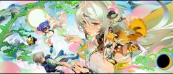 Rule 34 | 2boys, 3girls, absurdres, belle (zenless zone zero), blonde hair, blue hair, breasts, brother and sister, commentary, crossed bangs, english commentary, grey hair, hair between eyes, highres, ju fufu, medium breasts, multiple boys, multiple girls, official art, pan yinhu, panda, siblings, third-party source, wise (zenless zone zero), yellow eyes, yixuan (zenless zone zero), zenless zone zero
