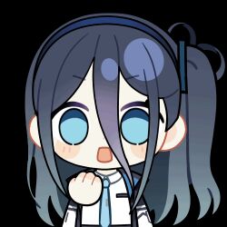 Rule 34 | 1girl, animated, animated gif, aqua eyes, aqua necktie, aris (blue archive), black jacket, blue archive, blue hair, blue hairband, blue jacket, blush stickers, chibi, chunye haruya, collared shirt, covering own mouth, disembodied hand, dot nose, hair between eyes, hairband, hand over own mouth, jacket, long bangs, long hair, long hair between eyes, looking at viewer, lowres, multicolored jacket, necktie, no pupils, one side up, open clothes, open jacket, open mouth, school uniform, second-party source, shirt, simple background, solo, surprised, transparent background, upper body, white jacket, white shirt, wide-eyed