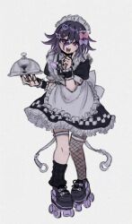 1boy alternate_costume apron asymmetrical_legwear black_dress black_nails black_socks blush bow checkered_clothes danganronpa_(series) danganronpa_v3:_killing_harmony dress enmaided fishnet_thighhighs fishnets flipped_hair full_body hair_between_eyes hair_bow hair_ornament highres holding holding_tray index_finger_raised looking_at_viewer maid maid_apron maid_headdress male_focus medium_hair oma_kokichi open_mouth puffy_short_sleeves puffy_sleeves purple_eyes purple_hair roller_skates short_hair short_sleeves simaenaga_v3 simple_background single_thighhigh skates smile socks solo standing teeth thigh_strap thighhighs trap tray white_background wrist_cuffs x_hair_ornament