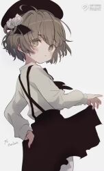 Rule 34 | 1girl, ahoge, animated, beret, black headwear, black ribbon, black skirt, blush, brown eyes, brown hair, clip studio paint, clip studio paint (medium), clothes lift, collared shirt, cowboy shot, dated, dot nose, eyelashes, female focus, flower, from behind, from side, grey background, hair rings, hands up, hat, hat flower, hat ribbon, hatoba tsugu, head tilt, holding, light frown, long sleeves, looking back, making-of, medium hair, mole, mole under eye, neck ribbon, open mouth, pantyhose, raised eyebrows, reference inset, ribbon, sha2mo, shirt, shirt tucked in, signature, simple background, single hair ring, sketch, skirt, skirt lift, sleeves past wrists, solo, suspender skirt, suspenders, tagme, tsugu (vtuber), video, virtual youtuber, white flower, white pantyhose, white shirt