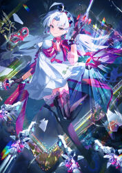 1girl absurdres ahoge asymmetrical_dual_wielding black_boots black_gloves boots breasts candlestand carlotta_(wuthering_waves) closed_mouth commentary dress dual_wielding eye_mask full_body gloves gun hair_spread_out hairband hand_up high_heel_boots high_heels highres holding holding_gun holding_weapon jacket long_hair looking_at_viewer parted_bangs picture_frame pink_hairband pink_jacket pink_thighhighs rifle small_breasts smile solo thigh_boots thighhighs thighhighs_under_boots thighs wang_man weapon white_dress white_hair wuthering_waves