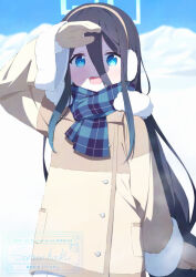 1girl :d aoi_thomas aris_(blue_archive) aris_(winter)_(blue_archive) arm_up black_hair blue_archive blue_eyes blue_scarf blue_sky blush brown_coat brown_mittens coat commentary_request day earmuffs english_text fur-trimmed_sleeves fur_trim hair_between_eyes halo highres long_hair long_sleeves looking_at_viewer mittens mountain official_alternate_costume official_alternate_hairstyle open_mouth outdoors plaid_clothes plaid_scarf scarf sky smile snow solo very_long_hair watermark wide_sleeves winter_clothes