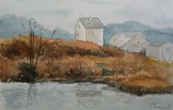 Rule 34 | bare tree, building, grass, highres, hill, house, monsisiro411823, mountainous horizon, no humans, original, outdoors, painting (medium), scenery, stream, town, traditional media, tree, water, watercolor (medium)