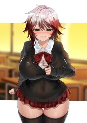 1girl black_sweater black_thighhighs blurry blurry_background blush bow bowtie breasts brown_hair classroom cleavage covered_navel earrings face_piercing gradient_hair green_eyes grey_hair highres indie_virtual_youtuber jewelry large_breasts lip_piercing miniskirt multicolored_hair piercing red_bow red_bowtie red_skirt ruru912 savii_(vtuber) school_uniform shadow skirt sleeves_past_wrists solo sweater thigh_gap thighhighs virtual_youtuber