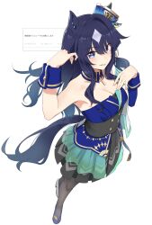 1girl armpits blue_eyes blue_hair blunt_bangs blush breasts cleavage collarbone commentary_request earrings full_body hair_between_eyes hair_ornament highres horse_tail jewelry kazoku_chicken looking_at_viewer pantyhose single_earring solo standing tail translation_request umamusume upper_body verxina_(umamusume) white_background