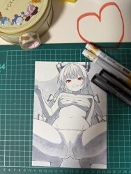 1girl breasts cameltoe fujiwara_no_mokou gluteal_fold greyscale highres medium_breasts midriff monochrome navel panties photo_(medium) red_eyes sarashi smile solo spot_color spread_legs squatting touhou traditional_media tumugihikari underwear