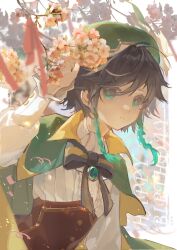 1boy aqua_eyes aqua_hair ascot beret black_bow black_bowtie black_hair blue_gemstone blue_sky blurry blurry_background blurry_foreground border bow bowtie braid branch brown_corset buttons cape capelet cherry_blossoms collared_cape collared_shirt corset day flower frills gem genshin_impact gradient_hair green_cape green_capelet green_hat hair_between_eyes hand_up hat hat_flower hat_ornament highres long_sleeves looking_at_viewer male_focus multicolored_hair outdoors outside_border petals pink_flower pink_ribbon puffy_long_sleeves puffy_sleeves ribbon s_sspluscc shirt short_hair sky solo striped_bow striped_bowtie striped_clothes teeth twin_braids two-sided_cape two-sided_fabric upper_body venti_(genshin_impact) white_ascot white_border white_shirt yellow_cape yellow_flower