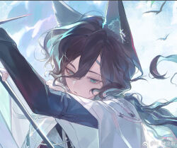 1boy animal_ears aqua_eyes aqua_hair black_hair black_shirt cat_boy cat_ears chinese_commentary cloak cloud colored_inner_hair day hair_between_eyes hair_ornament hairclip half-closed_eyes hands_up highres holding holding_sword holding_weapon layered_sleeves long_bangs long_sleeves looking_to_the_side low_ponytail male_focus multicolored_hair original parted_lips pathologicaldiagnosis ponytail portrait reverse_grip shirt solo sword watermark wavy_hair weapon weibo_watermark white_cloak wide_sleeves x_hair_ornament