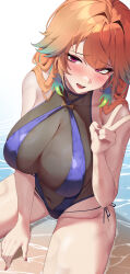 1girl :d blue_one-piece_swimsuit blush breasts casual_one-piece_swimsuit colored_inner_hair commentary covered_navel english_commentary feathers green_feathers green_hair hand_up highres hololive hololive_english large_breasts lessone long_hair multicolored_hair official_alternate_costume one-piece_swimsuit open_mouth orange_hair paid_reward_available perfume_(takanashi_kiara) purple_eyes see-through_cleavage see-through_clothes side-tie_one-piece_swimsuit sitting smile solo swimsuit takanashi_kiara teeth upper_teeth_only v virtual_youtuber water