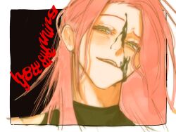 Rule 34 | 1girl, alien stage, black blood, blood, blood on face, border, commentary, english commentary, english text, green eyes, highres, jinglebellra, long hair, mizi (alien stage), open mouth, outside border, pink hair, solo, tears, white border