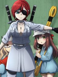 Rule 34 | 3girls, blunt bangs, braid, breasts, brown hair, cleavage, commentary request, cosplay, eyepatch, frown, glasses, green eyes, green hair, hair ribbon, hataraku saibou, hataraku saibou black, highres, holding, holding behind back, holding sword, holding sword behind back, holding weapon, holding weapon behind back, homura suzuko, itou shizuka, jougenmushi, kubo yurika, light brown hair, lirshana, lostorage wixoss, medium breasts, mikage hanna, multicolored hair, multiple girls, platelet (hataraku saibou), platelet (hataraku saibou) (cosplay), red hair, ribbon, ril (wixoss), scared, serious, streaked hair, sword, traffic cone, two side up, voice actor connection, weapon, white blood cell (hataraku saibou), white blood cell (hataraku saibou) (cosplay), white blood cell leader (hataraku saibou), wixoss