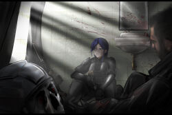 Rule 34 | 1boy, 1girl, absurdres, after battle, against wall, ammunition pouch, arm armor, armor, assault rifle, ayou (aukuamani), bags under eyes, bathroom, beard, black boots, black gloves, black helmet, black jacket, black pants, blood, blood on wall, blood splatter, blue eyes, blue hair, blurry, blurry foreground, boots, braid, brown hair, bulletproof vest, clenched teeth, combat helmet, combat knife, commentary, commission, corpse, crown braid, curtains, day, english commentary, facial hair, flashlight, glock, gloves, gun, h&amp;k hk416, handgun, helmet, highres, holding, holding gun, holding knife, holding weapon, indoors, jacket, knife, leg armor, load bearing vest, looking to the side, magazine (weapon), mask, medium hair, military operator, mirror, open mouth, optical sight, original, pants, pixiv commission, police, pouch, rifle, serrated knife, short hair, shoulder armor, sink, sitting, skull mask, sunlight, suppressor, sweat, tactical clothes, teeth, tile wall, tiles, trigger discipline, vertical foregrip, weapon