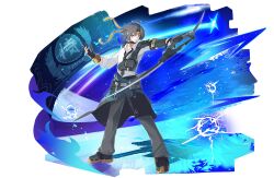 1boy absurdres ahoge armor asaba_harumasa black_choker black_hair black_necktie black_pants bow_(weapon) choker clothes_around_waist collared_shirt full_body gloves headband highres holding holding_bow_(weapon) holding_weapon jacket jacket_around_waist male_focus necktie pants partially_fingerless_gloves quiver shirt short_hair shoulder_armor standing weapon white_shirt yellow_eyes yellow_headband zenless_zone_zero zeroartwo