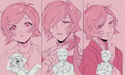 Rule 34 | 6+boys, :d, :o, aoi (0ud0ntabetabe), blush, bow, char&#039;s daily life, char aznable, commentary request, covering own mouth, crossed arms, epaulettes, fang, garma zabi, gloves, gundam, gundam-san, gundam gihren no yabou, hair bow, hair over one eye, hair over shoulder, hair slicked back, half-closed eyes, hand over own mouth, hand up, hands on own head, high collar, highres, jacket, japanese clothes, kesa, kimono, long hair, long sleeves, looking at viewer, male focus, mask, military uniform, monochrome, multiple boys, multiple persona, open mouth, pants, parted lips, pink theme, scar, scar on face, scar on forehead, shirt, short hair, short sleeves, simple background, smile, sweat, t-shirt, upper body, yaoi