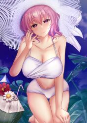 Rule 34 | 1girl, alternate costume, bikini, bracelet, breasts, cleavage, closed mouth, dress, drinking straw, hand on lap, highres, jewelry, large breasts, looking at viewer, necklace, pink eyes, pink hair, saigyouji yuyuko, saigyouji yuyuko (seamless swimsuit ghost), short hair, shounen (hogehoge), smile, solo, swimsuit, teeth, touhou, touhou lostword, variant set, white bikini, white dress, white headwear