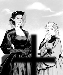 2girls astarion baldur&#039;s_gate baldur&#039;s_gate_3 black_hair black_lips breasts cazador_szarr choker cleavage cross dress dungeons_&amp;_dragons dungeons_&amp;_dragons genderswap genderswap_(mtf) gown hair_bun handkerchief hat highres ichijo_(cyxxx123) long_sleeves medium_hair multiple_girls outdoors red_eyes sky spot_color tombstone wavy_hair white_hair