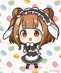 Rule 34 | 1girl, :o, animal ears, apron, beatrice (princess principal), black hairband, black pantyhose, black shoes, black skirt, brown eyes, brown hair, chibi, colored shadow, commentary request, cosplay, double bun, fake animal ears, fleur de lapin uniform, floppy ears, frilled hairband, frills, full body, gochuumon wa usagi desu ka?, hair bun, hairband, hands up, mitya, open mouth, pantyhose, polka dot, polka dot background, princess principal, puffy short sleeves, puffy sleeves, rabbit ears, shadow, shirt, shoes, short sleeves, skirt, solo, sparkle, standing, twitter username, waist apron, white apron, white shirt, wrist cuffs