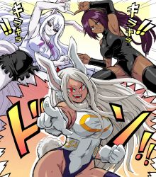3girls :3 alternate_costume animal_ears animal_hood black_leotard black_sclera black_skirt black_thighhighs bleach boku_no_hero_academia breasts carrot_(one_piece) colored_sclera crossover dark-skinned_female dark_skin dragon_ball elbow_gloves eyelashes female_focus furry furry_female fusion fusion_dance gloves glowing glowing_eyes grin heattech_leotard highres hood large_breasts leotard lewdamone long_hair looking_at_viewer mirko multiple_girls one_piece open_mouth parted_lips pointing pointing_at_viewer ponytail purple_hair rabbit_ears rabbit_girl rabbit_hood rabbit_tail red_eyes shihouin_yoruichi shirt skin_tight skirt sleeveless sleeveless_shirt smile standing sulong_form tail thighhighs trait_connection turtleneck white_fur white_gloves white_hair white_leotard yellow_eyes zettai_ryouiki