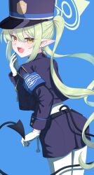 1girl absurdres akazaki_yukino blue_archive blue_hat blue_jacket blue_skirt blush demon_girl demon_tail fang green_eyes green_hair halo hat highres jacket long_hair looking_at_viewer nozomi_(blue_archive) open_mouth pantyhose pointy_ears skin_fang skirt smile solo tail train_conductor twintails very_long_hair white_pantyhose yellow_eyes