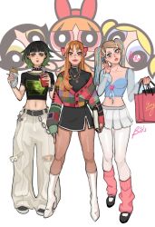 Rule 34 | 3girls, bag, bitsbytits, black dress, black hair, blonde hair, blossom (ppg), blue eyes, blunt bangs, bracelet, bubbles (ppg), buttercup (ppg), commentary, dress, freckles, full body, green eyes, green hair, highres, holding, holding bag, jewelry, leg warmers, long hair, looking at viewer, looking to the side, makeup, multiple girls, pants, pantyhose, pink eyes, pink leg warmers, powerpuff girls, skirt, spiked bracelet, spikes, twintails, white footwear, white pants, white pantyhose, white skirt