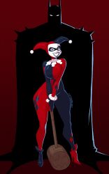 1boy 1girl absolute_batman absolute_dc absurdres batman batman_(series) captainmolasses dc_comics domino_mask hammer harley_quinn highres holding holding_hammer jester jester_costume makeup mask red_lips superhero_costume tall_male white_facepaint