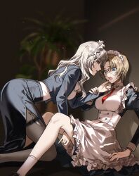 2girls absurdres apron black_dress black_jacket black_shoes black_skirt blonde_hair blurry blurry_background brown_hair dress glasses grey_pantyhose highres jacket jodie_starling knife kuga_huna lipstick long_hair long_sleeves looking_at_another maid maid_apron maid_headdress makeup meitantei_conan multiple_girls necktie open_clothes open_jacket open_mouth pantyhose red_necktie shoes short_hair skirt socks vermouth_(meitantei_conan) white_socks