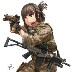 1girl aiming ammunition_pouch assault_rifle brown_hair buckle camouflage commentary desert_camouflage female_focus flashlight gloves gun gun_sling handgun headset highres holding holding_gun holding_weapon holster jacket jpc load_bearing_vest military military_combat_uniform military_jacket military_uniform muzzle_device original pistol ponytail pouch rifle scope snap-fit_buckle solo two-tone_gloves watch weapon weapon_request white_background wristwatch yellow_eyes