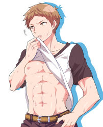 1boy abs borrowed_character brown_eyes brown_hair clothes_lift kugayama_yuuya looking_away looking_to_the_side male_focus muscular nipples original pectorals shakeroe shirt_lift short_hair solo sweat tagme wiping_sweat