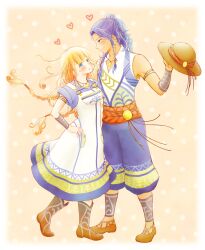 1boy 1girl adam&#039;s_apple alternate_costume armlet azu_rin_go blonde_hair blue_eyes blue_hair blue_pants blue_shirt blush bokujou_monogatari bokujou_monogatari:_mittsu_no_sato_no_taisetsuna_tomodachi boots border braid brown_shoes closed_mouth collared_shirt cowboy_boots curly_hair dark-skinned_male dark_skin floating_hair full_body grey_bracelet hair_bun half_updo hat heart highres holding holding_unworn_clothes holding_unworn_hat jewelry long_hair looking_at_another low_twin_braids ludus_(bokujou_monogatari) medium_hair nanami_(bokujou_monogatari) necklace open_mouth orange_background orange_eyes overall_skirt overalls pants patterned_clothing polka_dot polka_dot_background raised_eyebrows sandals scarf_belt shirt shoes short_sleeves side_braids single_hair_bun sleeveless_tunic sleeves_rolled_up standing sun_hat sweatdrop tunic twin_braids unworn_hat unworn_headwear very_long_hair white_border white_overalls white_tunic