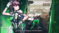 1girl animated arm_support ass ass_focus ass_shake black_hair blunt_bangs bodysuit bouncing_breasts breasts brown_eyes brown_hair crossover curvy eve_(stellar_blade) fingerless_gloves from_behind full_body gloves goddess_of_victory:_nikke green_bodysuit hair_ornament hand_on_own_hip high_ponytail huge_ass jiggle large_breasts long_hair looking_at_viewer official_art parted_lips ponytail sidelocks skin_tight solo standing stellar_blade tagme thick_thighs thighs very_long_hair video white_gloves wide_hips