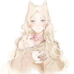 1girl :3 animal_ears blonde_hair blue_eyes cat_ears cup highres holding holding_cup kemonomimi_mode long_hair looking_at_viewer neck_ribbon original procreate_(medium) ribbon simple_background single_off_shoulder solo sweater teacup upper_body wavy_hair white_background yellow_sweater yoimon
