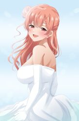 1girl aged_up bare_shoulders blush breasts bride dars_(recolors) dress gloves hair_bun highres large_breasts long_hair looking_at_viewer open_mouth red_eyes single_hair_bun smile solo strapless strapless_dress wedding wedding_dress white_dress white_gloves yahari_ore_no_seishun_lovecome_wa_machigatteiru. yuigahama_yui