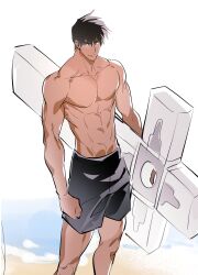 Rule 34 | 1boy, abs, beach, beard stubble, black hair, black male swimwear, broad shoulders, closed mouth, collarbone, commentary request, cross punisher, eridin3038, facial hair, feet out of frame, highres, holding, holding weapon, huge weapon, korean commentary, looking to the side, male focus, male swimwear, muscular, muscular male, nicholas d. wolfwood, ocean, pectorals, short hair, smile, solo, stubble, toned, trigun, weapon