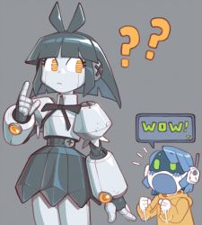 Rule 34 | 2girls, ?, ??, borrowed character, cameron sewell, clenched hands, english text, film grain, grey background, highres, humanoid robot, joulie (cameron sewell), looking back, mechanical skirt, motion lines, multiple girls, no humans, original, pointing, robot, simple background, speech bubble, speed lines, yellow eyes