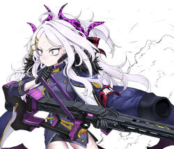 ahoge black_coat black_gloves black_halo black_skirt black_thighhighs blue_archive coat demon_girl demon_horns demon_wings gloves gun halo highres hina_(blue_archive) holding holding_gun holding_weapon horns long_hair looking_at_another machine_gun mg42 purple_eyes riyokeyuzu simple_background skirt standing thighhighs weapon white_hair wings