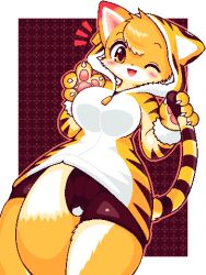 1girl animal_ears animal_hands animal_hood between_legs bike_shorts blush breasts cameltoe claws commentary_request fake_animal_ears fake_tail fox_ears fox_girl fox_tail furry furry_female hood hoodie jaggy_lines large_breasts looking_at_viewer lowres oekaki one_eye_closed orange_hoodie original pawpads red_eyes solo tail tail_between_legs takiune tiger_ears tiger_hood tiger_tail
