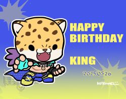 Rule 34 | 1boy, animal head, aqua gloves, blue background, blue cape, blue pants, cape, character name, chibi, chibi only, dated, fangs, fighting stance, fingerless gloves, gloves, gradient background, happy birthday, king (tekken), kotorai, male focus, open mouth, pants, signature, splatter, tekken, tekken 8, wrestling outfit