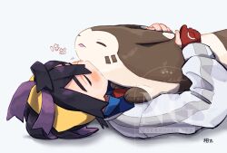 black_hair blue_shirt blush closed_eyes collared_shirt crossed_bangs furret gen_2_pokemon gloves grey_background hair_between_eyes hairband highres hug jacket kanchan_kani kieran_(pokemon) long_sleeves lying mole mole_on_neck multicolored_hair nintendo on_back partially_fingerless_gloves pokemon pokemon_(creature) pokemon_sv purple_hair red_gloves shirt simple_background single_glove tongue tongue_out watermark yellow_hairband