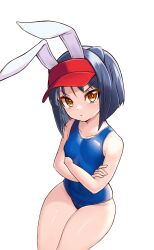 1girl :/ animal_costume animal_ears arcana_heart artist_request bare_legs bare_shoulders blonde_hair blue_hair blue_one-piece_swimsuit blush breasts cat_ears catherine_kyoubashi catherine_kyoubashi_(cosplay) cosplay crossed_arms curvy daidouji_kira fake_animal_ears highres legs_together looking_at_viewer one-piece_swimsuit orange_eyes rabbit_costume rabbit_ears school_swimsuit short_hair small_breasts smile swimsuit white_background wide_hips