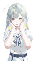 1girl absurdres airool bang_dream! bang_dream!_it&#039;s_mygo!!!!! belt belt_buckle black_belt blonde_hair blue_ribbon buckle buttons chinese_commentary colored_inner_hair commentary_request dated dress green_hair hands_on_own_face hands_up highres long_hair looking_at_viewer lower_teeth_only mortis_(bang_dream!) mortis_(persona)_(bang_dream!) multicolored_hair neck_ribbon open_mouth puffy_short_sleeves puffy_sleeves ribbon sailor_collar sailor_dress school_uniform short_sleeves simple_background solo straight-on summer_uniform teeth tsukinomori_school_uniform two-tone_hair upper_body wakaba_mutsumi weibo_username white_background white_dress white_sailor_collar yellow_eyes