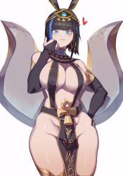 1girl :q ancient_egyptian ancient_egyptian_clothes ankh bad_id bad_pixiv_id black_gloves black_hair blue_eyes blush borrowed_character breasts cleavage cleavage_cutout clothing_cutout bad_tag detached_sleeves earrings egyptian_mythology elbow_gloves eyeliner gloves groin hand_on_own_hip headwear_request heart highres jewelry jin_rou looking_at_viewer makeup navel original pelvic_curtain revealing_clothes set_(mythology) set_(romana) short_hair simple_background smile solo tongue tongue_out white_background