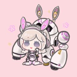 1girl animal_ear_headphones animal_ears animated animated_gif black_skirt blonde_hair blush_stickers boots chibi closed_mouth ear_wiggle eyelashes fake_animal_ears fingerless_gloves flower gloves hand_up happy headphones heart long_sleeves looking_at_viewer looping_animation medium_hair miniskirt nikki_(series) pink_background purple_eyes rabbit_ear_headphones robot science_fiction shining_nikki shirt shorts shorts_under_skirt simple_background sitting skirt smile solid_oval_eyes solo speedy_rabbit_(shining_nikki) star_(symbol) thighhighs wariza white_boots white_gloves white_shirt white_shorts white_thighhighs winking_(animated) xiaoyu_qixing